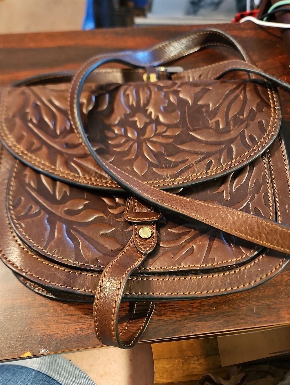 Embossed Brown Leather Crossbody Bag with Adjustable Strap
